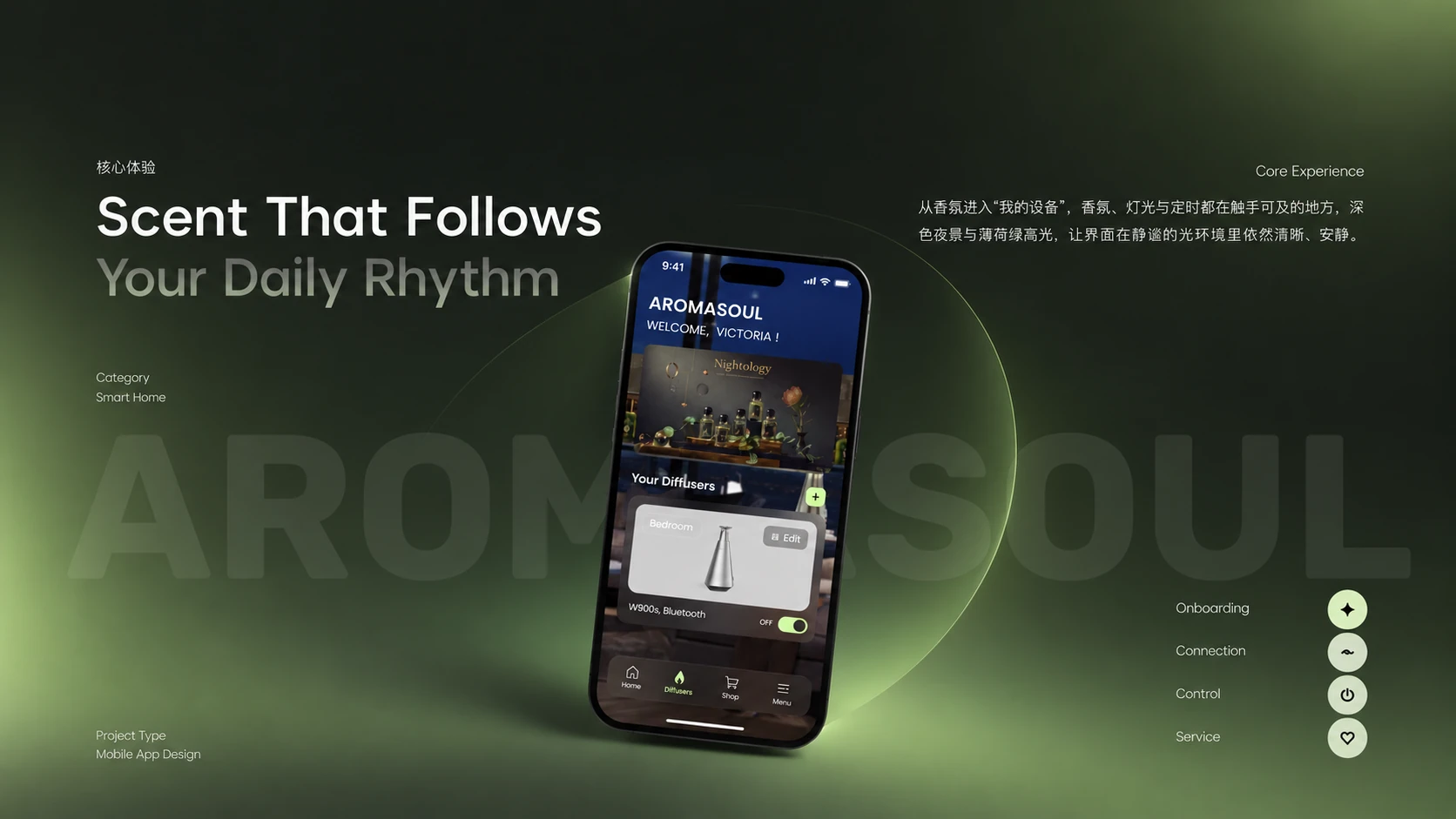 AROMASOUL智能香氛扩散器App首屏设计