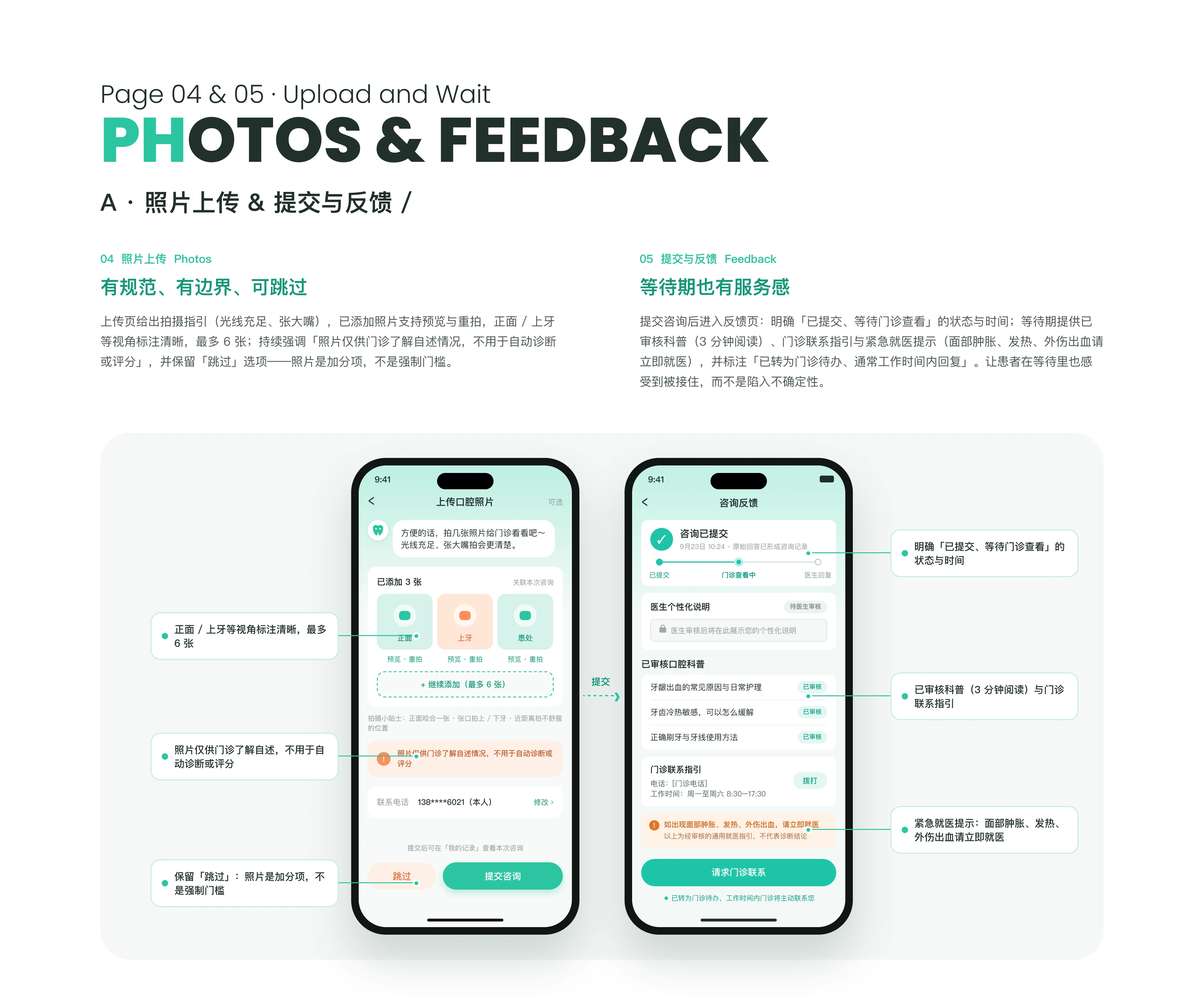 Photo upload and consultation feedback screens