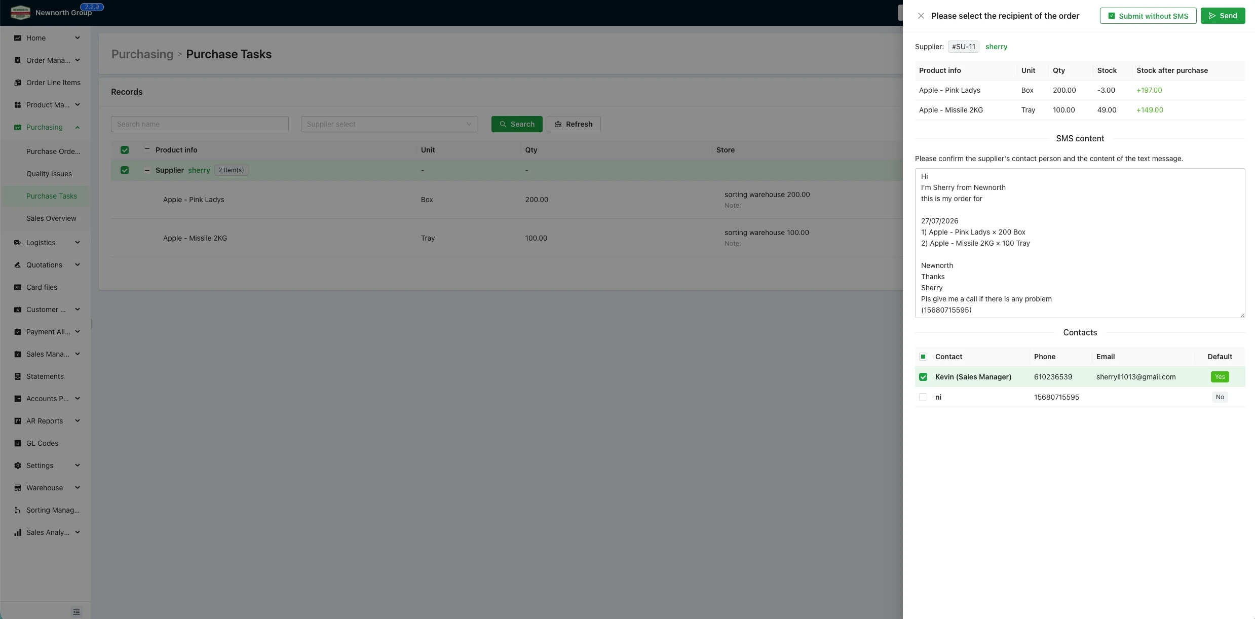 NewNorth purchasing tasks and supplier SMS orders